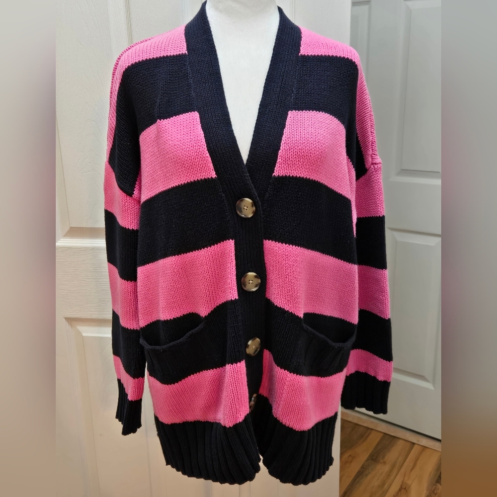 Loft Striped Pink and Navy Women's Cardigan Sweater, Large